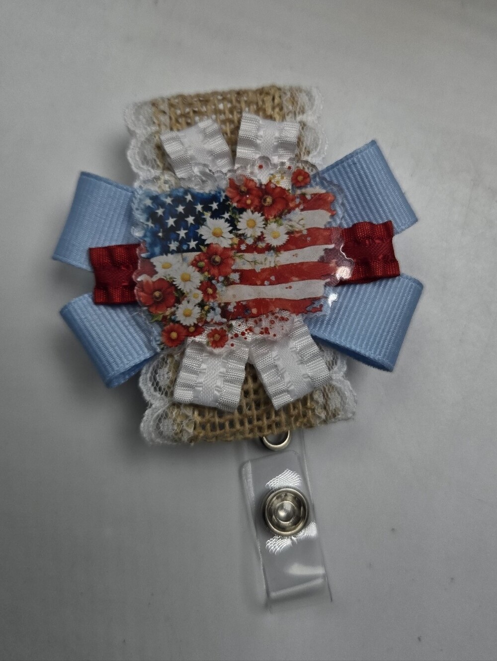 OOAK Handmade American Flag Badge Reel Patriotic USA Daisy Name Tag Holder Nurse